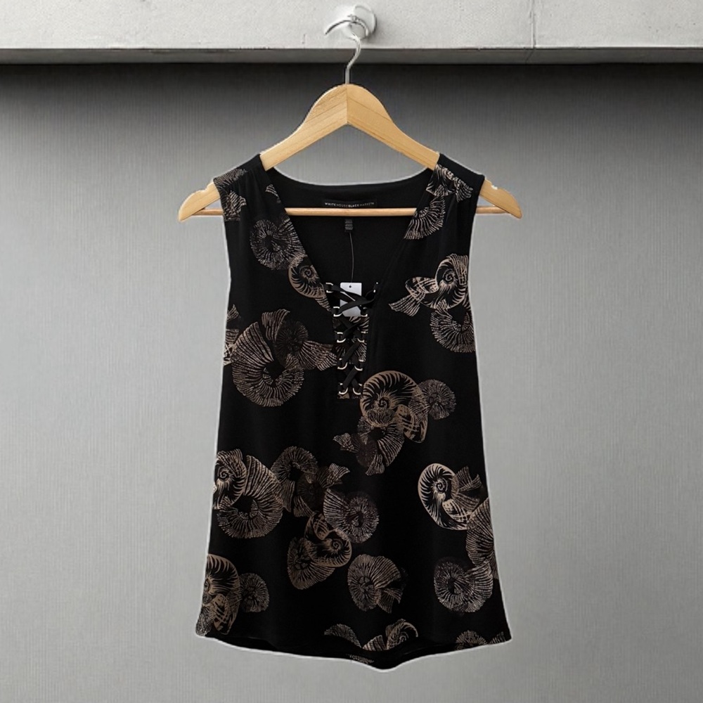 NWT White House Black Market WHBM Black Tan Sleeveless Top with Nautical Print